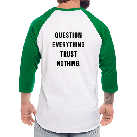 Danger Close Alpha - Baseball T (Light) - Question Everything (Back) - white/kelly green